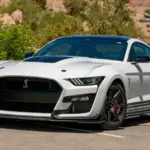White Shelby Mustang GT500 muscular coupe with large black grille and rear wing parked outdoors in a sunny, desert-like setting.
