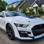 White sports car parked on a suburban street with modern houses in the background, showing a aggressive front grille and black hood vents.