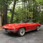 Red vintage convertible with the top down parked on a driveway, surrounded by trees in a wooded setting.